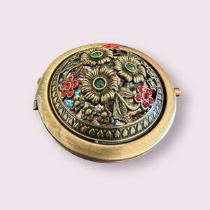 Vintage Floral Embossed Compact Mirror with Rhinestones